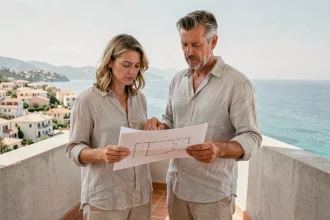 Couple d'acheteurs examinant des documents sur le balcon d'un appartement avec vue mer
