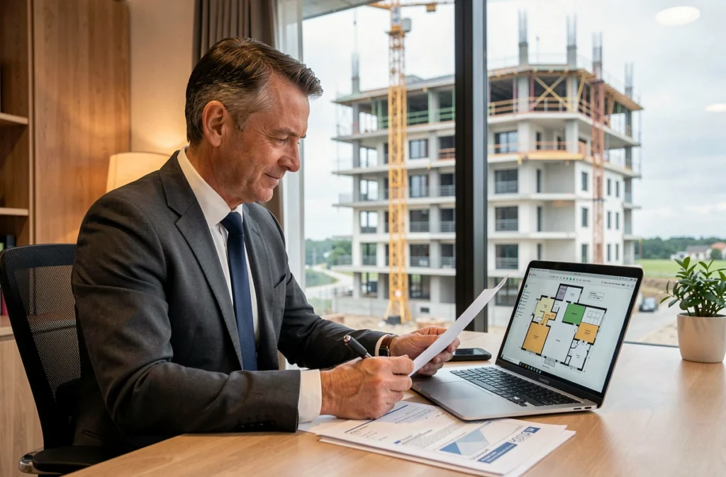 Professionnel de l'immobilier d'ACP Immo dans un bureau breton moderne examinant des documents de programmes résidentiels