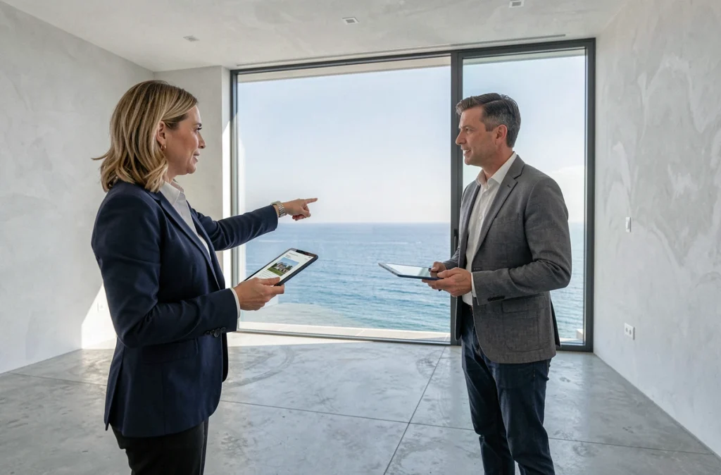 Agent immobilier présentant un appartement vue mer à un acheteur potentiel