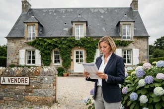 Agent immobilier devant une maison bretonne en pierre à vendre dans le Morbihan