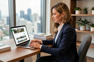 Agent immobilière professionnelle utilisant un outil en ligne pour vendre des biens immobiliers rapidement depuis son bureau