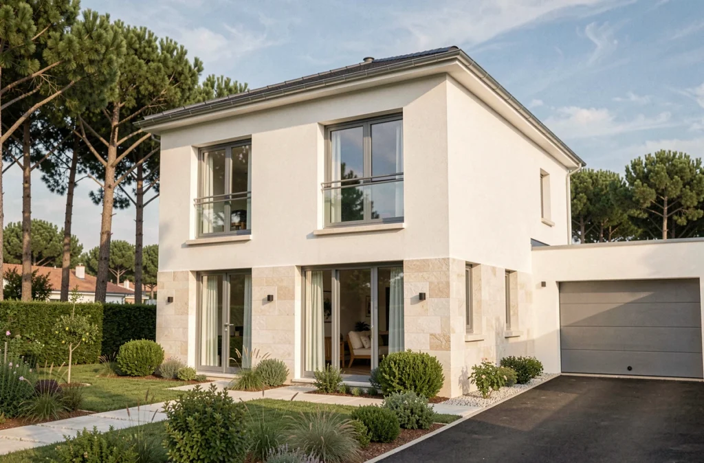 Maison individuelle moderne construite par Alpha Constructions Homexpo près de Bordeaux, facade blanche avec grandes fenêtres et jardin aménagé