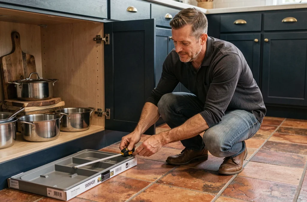 Homme mesurant l'intérieur d'un meuble de cuisine bas bleu marine pour optimiser le rangement fonctionnel