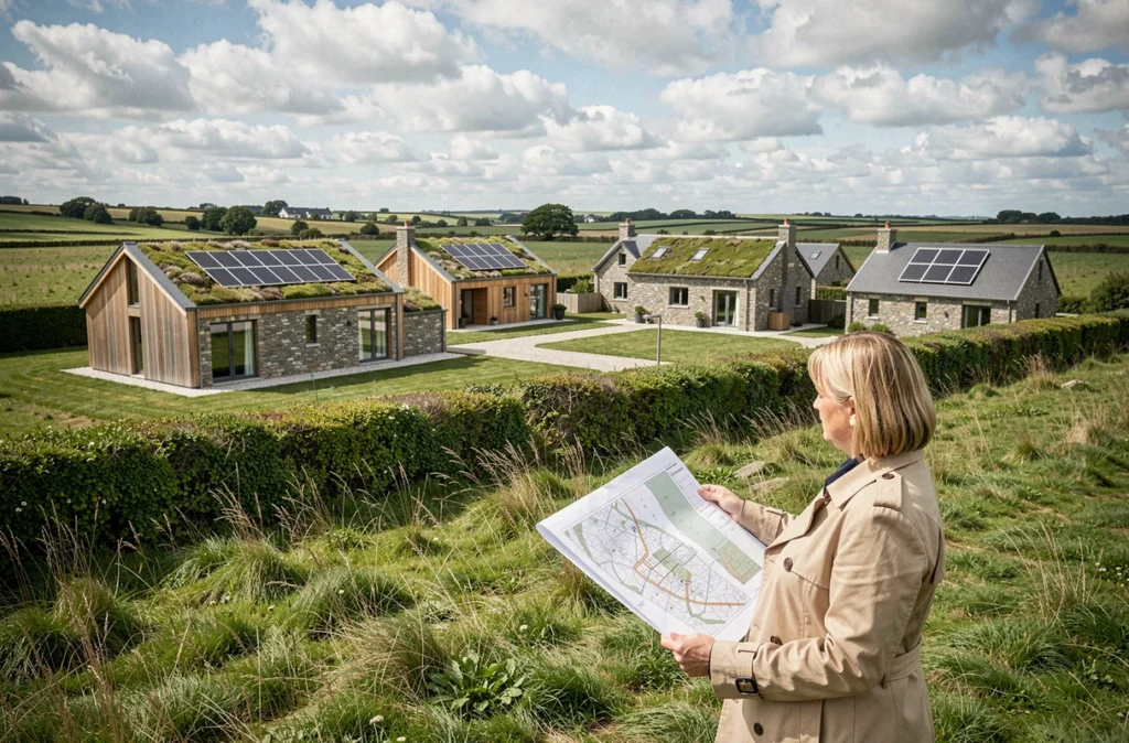 Architecte d'Amenatys Trecobat Groupe observant un hameau résidentiel éco-conçu en bois et pierre dans la campagne bretonne