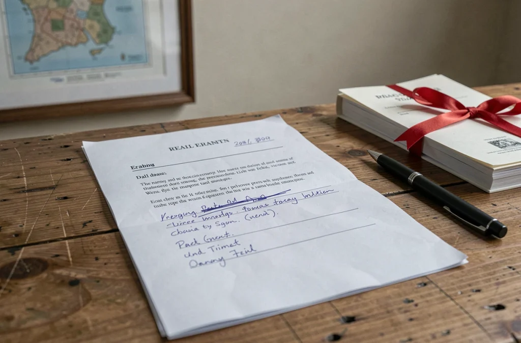 Document d'annonce immobilière avec corrections manuscrites sur un bureau en bois dans le contexte d'une vente urgente