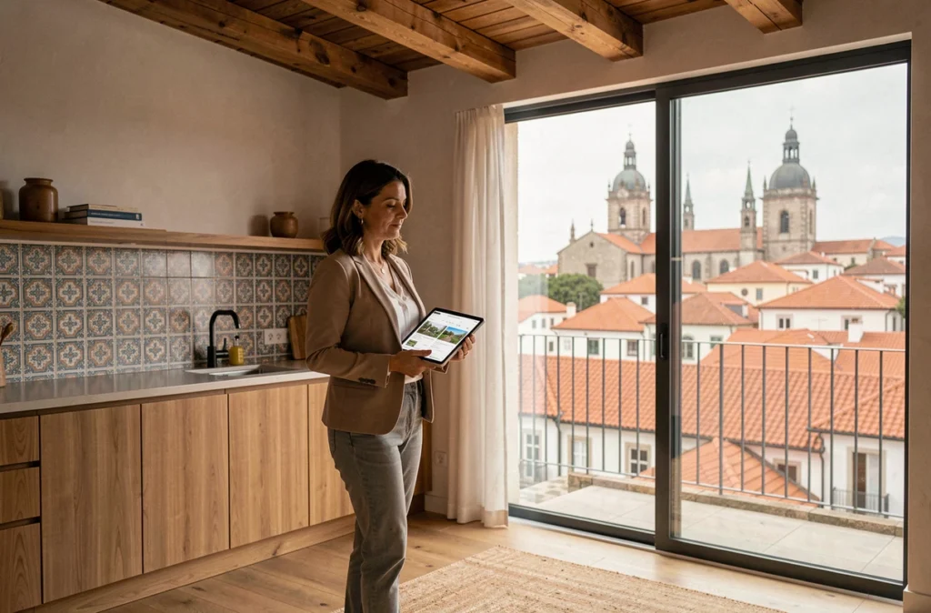 Femme consultant des annonces immobilières depuis un appartement rénové à Porto avec vue panoramique sur les toits de la ville