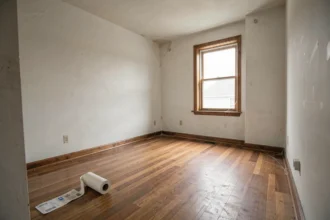 Appartement vacant avec plancher en bois nu et murs blancs légèrement poussiéreux, illustrant un logement inoccupé soumis à la taxe sur les logements vacants