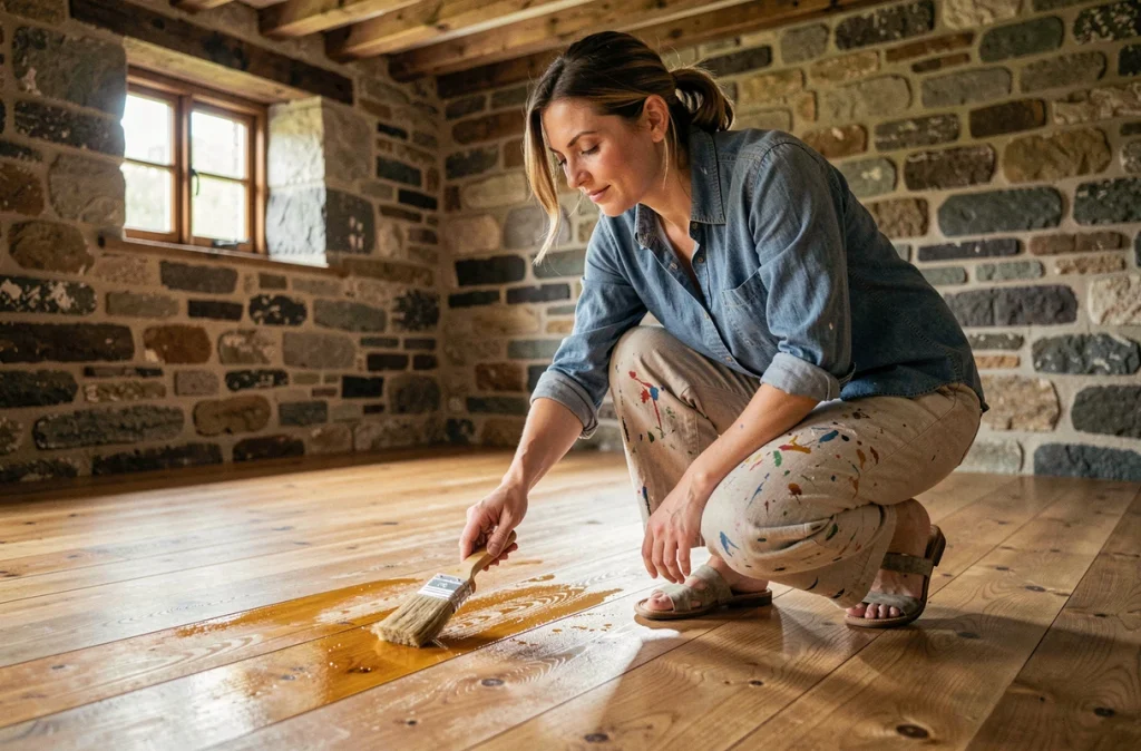 Femme appliquant une huile dure sur un parquet ancien restauré dans une ferme en pierre