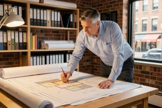Architecte étudiant un plan de bornage et les règles de limite de propriété sur une table à dessin en studio