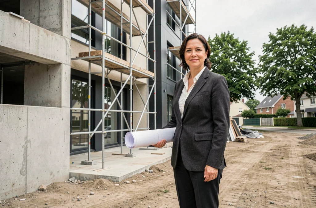 Architecte d'Architecture Fardin à Cholet devant un chantier de construction résidentielle contemporaine