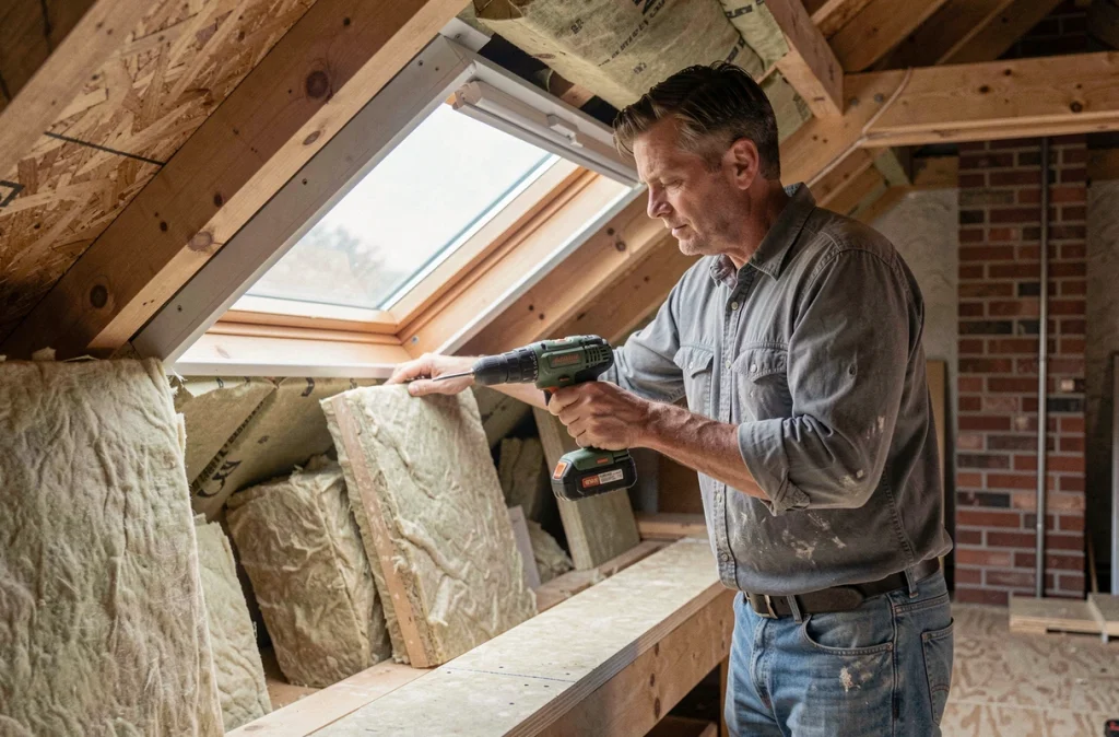 Artisan installant un velux dans un grenier en cours de rénovation avec chevrons apparents et isolation