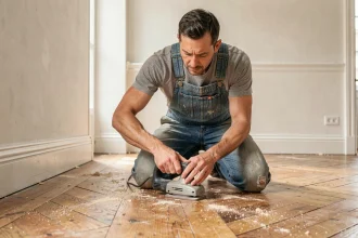 Artisan ponçant un vieux parquet en chêne avec une ponceuse à bande dans un appartement haussmannien en rénovation