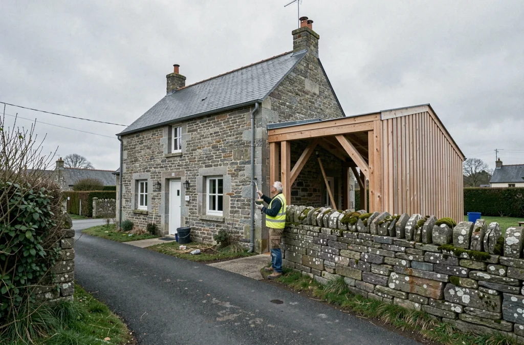 Ouvrier de Bati Armor inspectant la jonction entre une maison en pierre bretonne traditionnelle et une extension en bois moderne