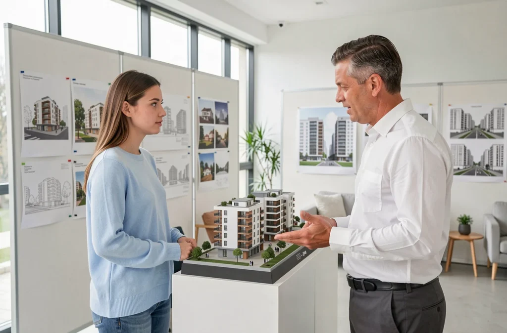 Conseiller de Cap Accession expliquant une maquette de programme immobilier à une jeune cliente dans un showroom épuré