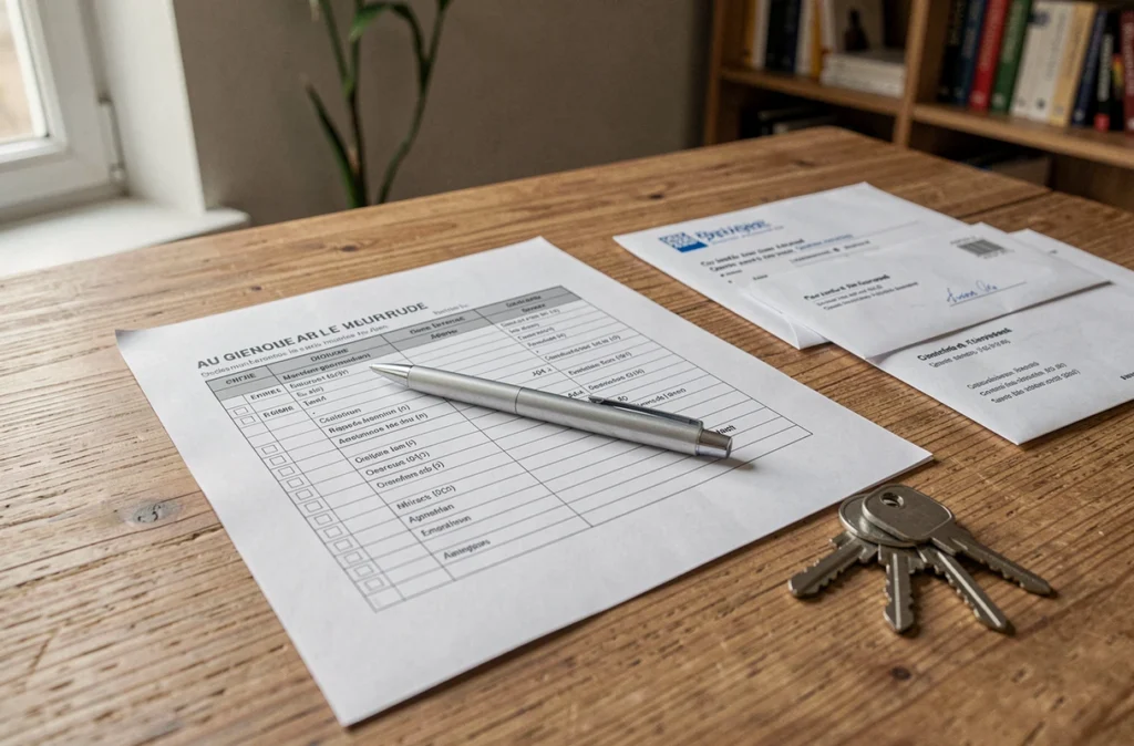 Check-list imprimée avec clés de logement et enveloppes administratives sur un bureau en bois, préparation avant déclaration de logement vacant