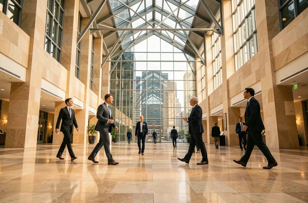 Atrium intérieur de Citadel Center à Chicago, vaste hall en verre et acier avec sol en marbre poli dans le Loop
