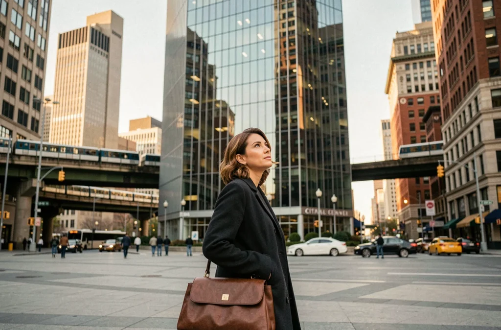 Femme professionnelle admirant la façade réfléchissante de Citadel Center dans le quartier Loop de Chicago