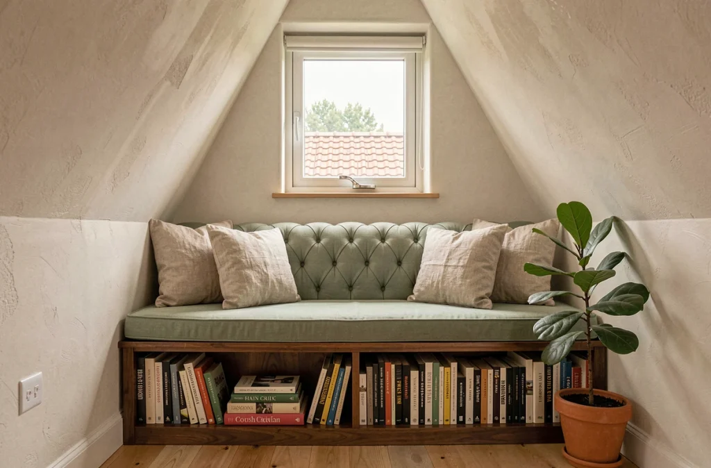 Coin lecture aménagé dans une lucarne de grenier avec banquette en lin, bibliothèque et plante verte