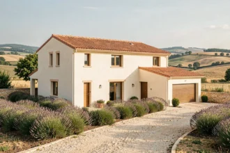 Maison individuelle neuve avec toiture en tuiles et jardin fleuri en Tarn-et-Garonne