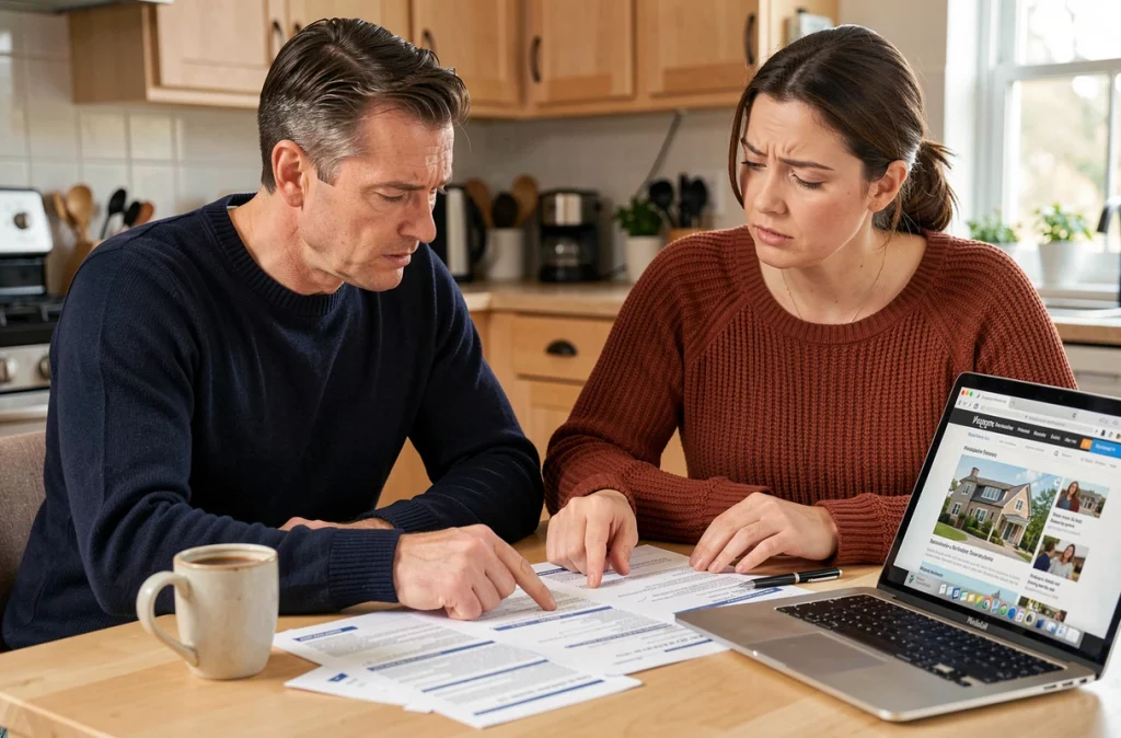 Couple analysant des contrats de location et avis immobiliers Icade autour d'une table de cuisine