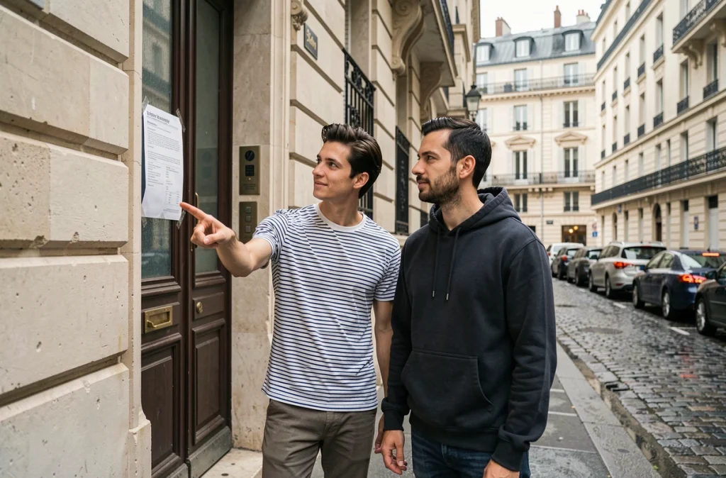 Couple examinant une annonce de location affichée sur la porte d'un immeuble parisien, dans le cadre d'un projet de relogement après déménagement forcé