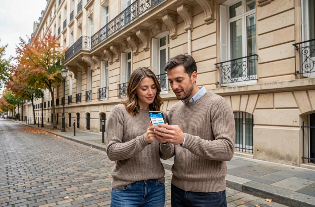 Couple consultant un site de comparaison de prix immobiliers sur smartphone devant un immeuble en pierre parisien