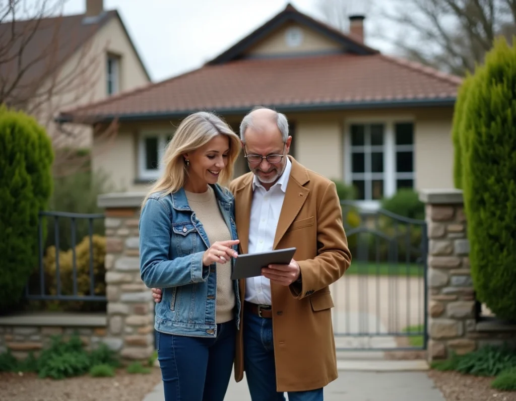Couple évaluant le prix de leur maison en ligne devant leur propriété avec une tablette