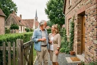 Couple devant une maison à louer avec jardin dans un village du Nord hors des grandes villes