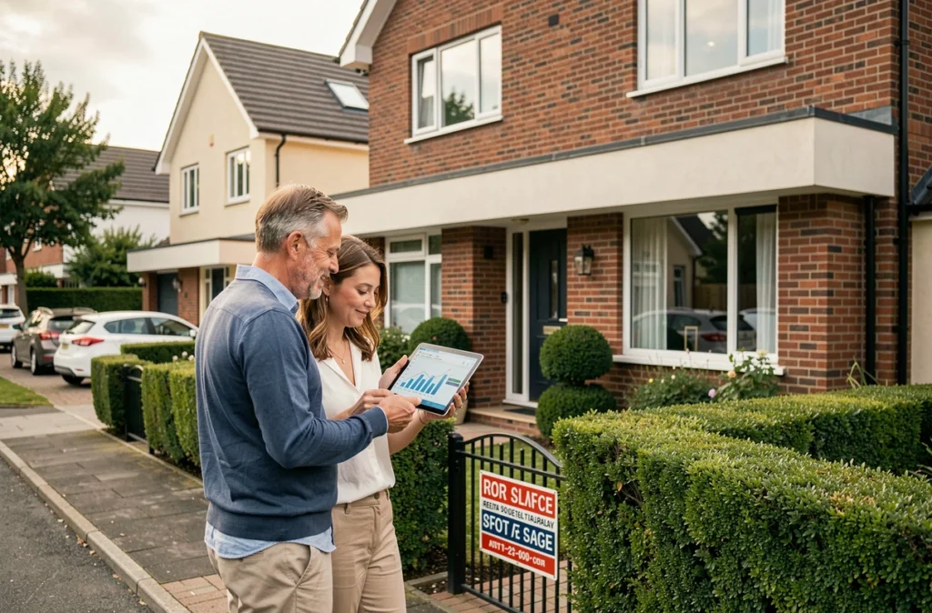 Couple de propriétaires consultant un outil immobilier en ligne sur tablette devant leur maison mise en vente