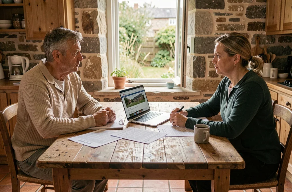Couple en discussion autour de documents de vente immobilière dans une maison bretonne