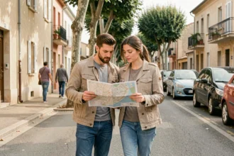 Couple explorant un quartier résidentiel d'Alès avec une carte avant de s'y installer en 2026
