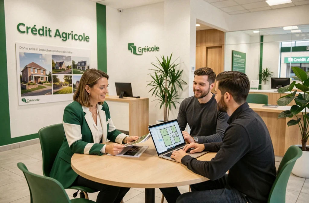 Conseillère du Crédit Agricole Immobilier Promotion présentant un programme résidentiel breton à un couple dans une agence bancaire moderne