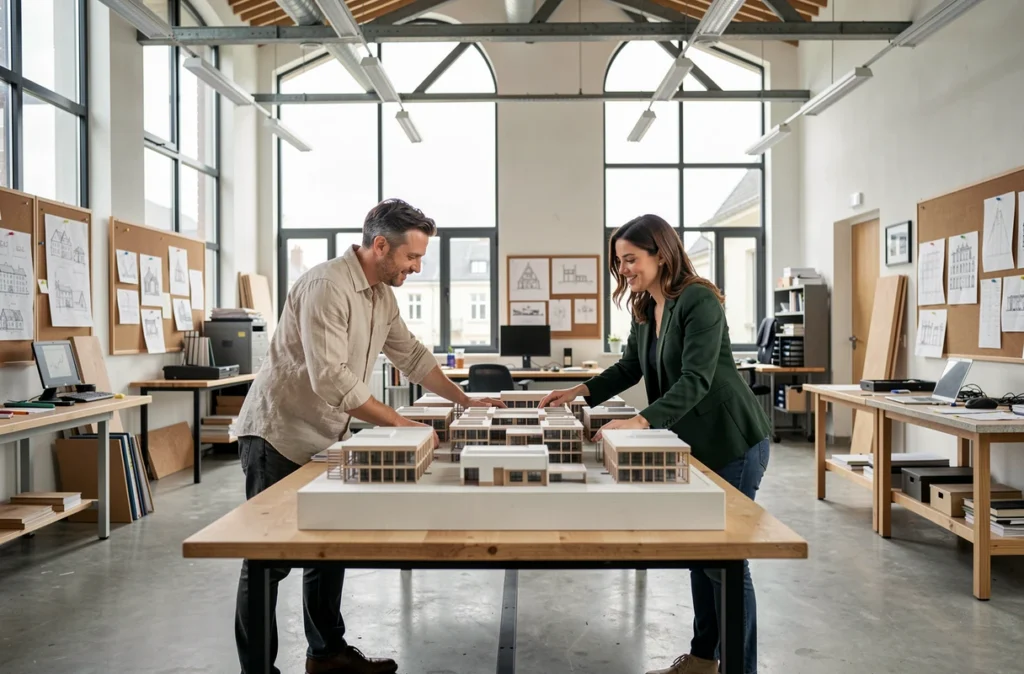 Deux architectes du cabinet Crespy Aumont Architectes à Angers collaborant autour d'une maquette architecturale dans un grand studio
