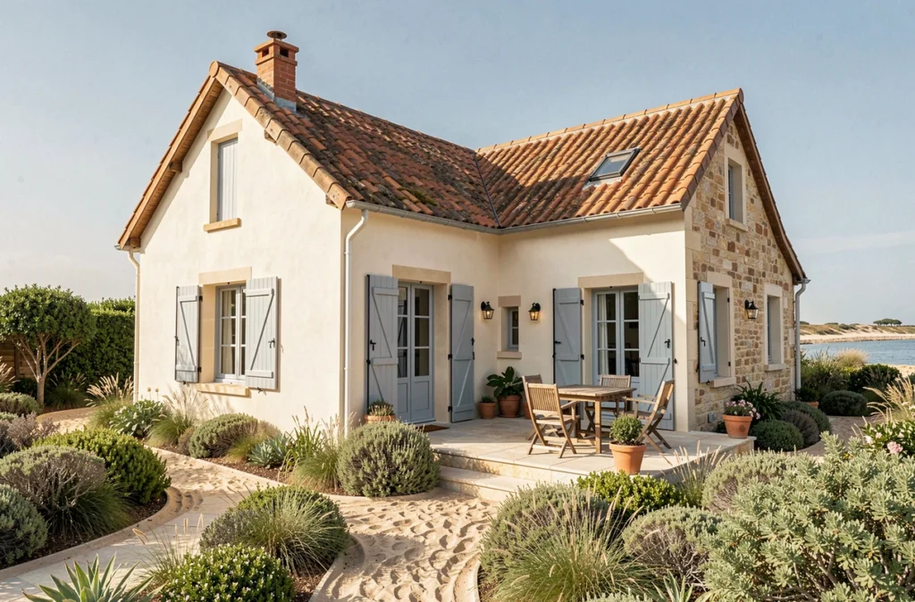 Maison individuelle de style côtier construite par Demeures Côte d'Argent, façade claire et volets en bois près du Bassin d'Arcachon