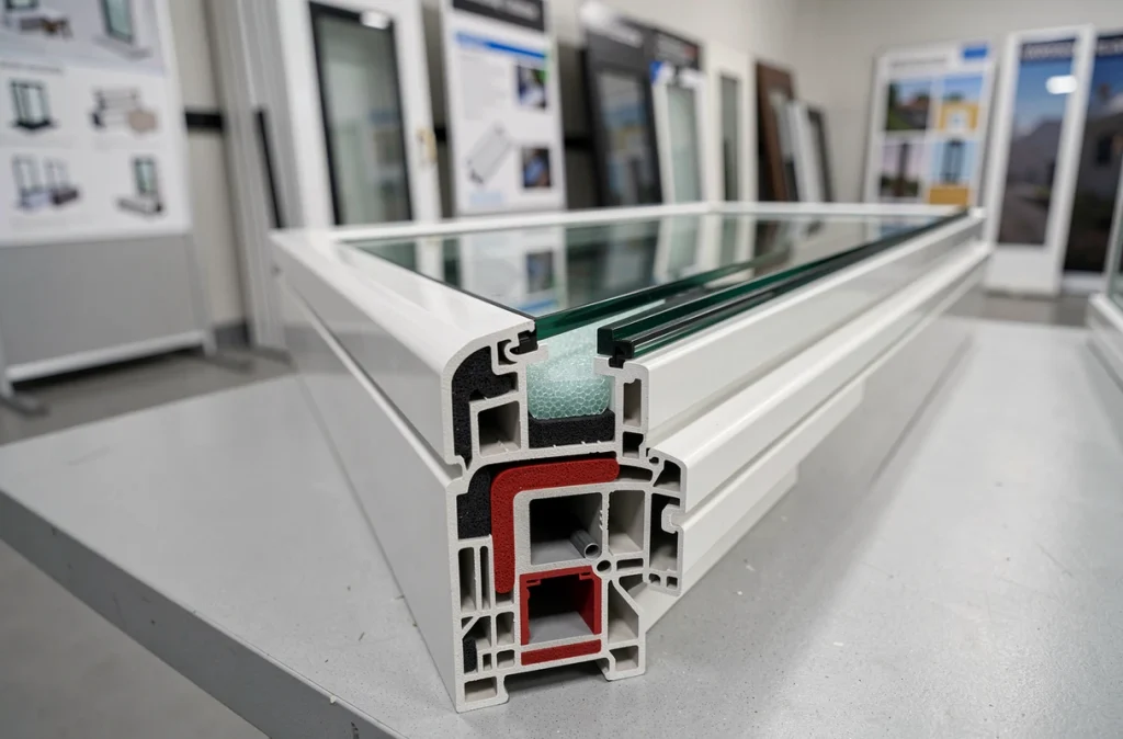 Gros plan sur la coupe transversale d'un châssis de fenêtre à haute performance énergétique exposé dans un showroom de menuiserie