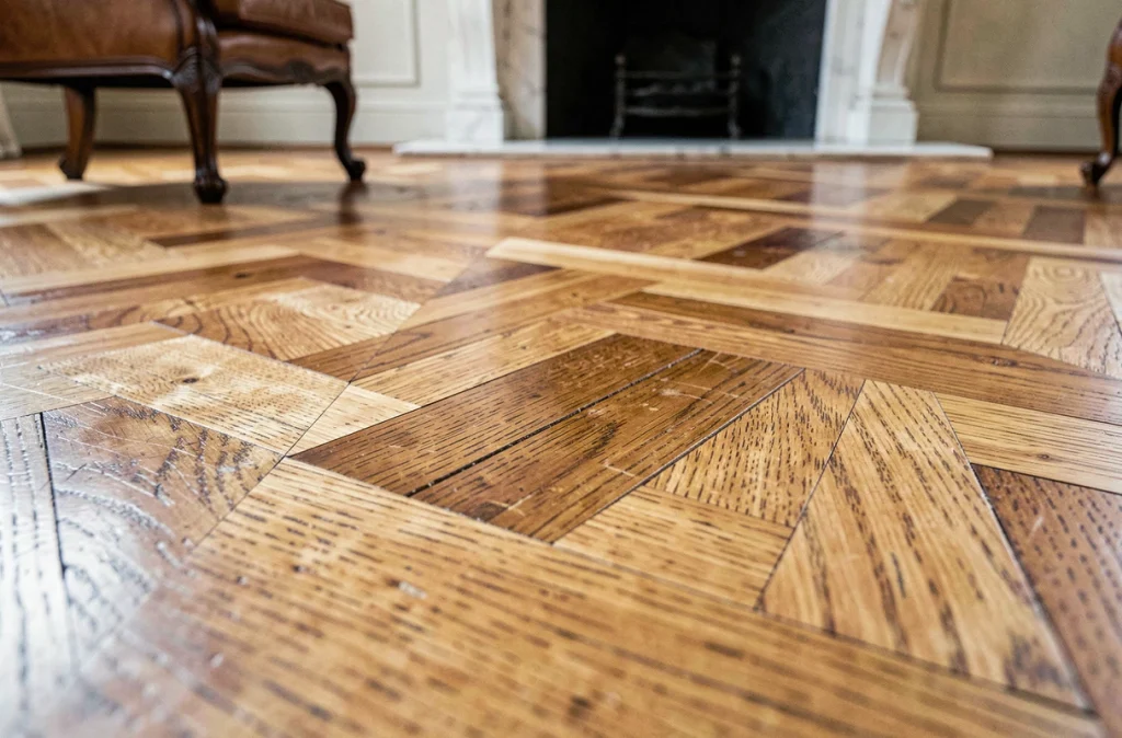 Détail macro d'un parquet ancien à chevrons en chêne restauré dans un salon parisien classique