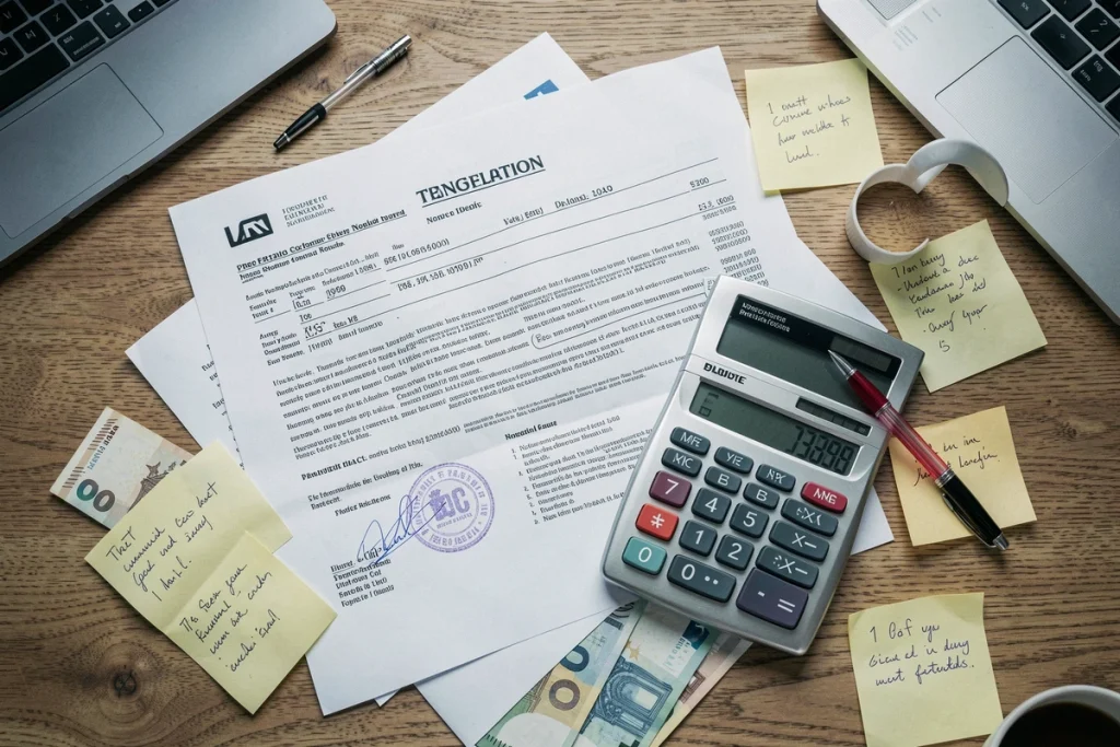 Vue aérienne de documents notariaux et actes immobiliers avec calculatrice et billets sur un bureau, illustrant les frais de notaire marchand de biens