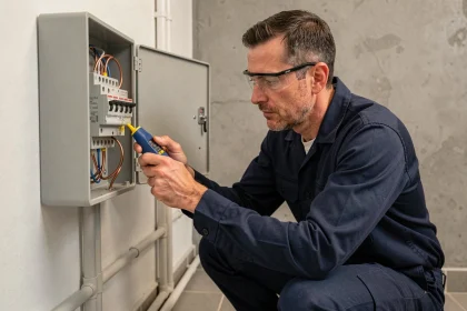 Électricien professionnel inspectant un tableau électrique lors d'une mise aux normes d'installation résidentielle