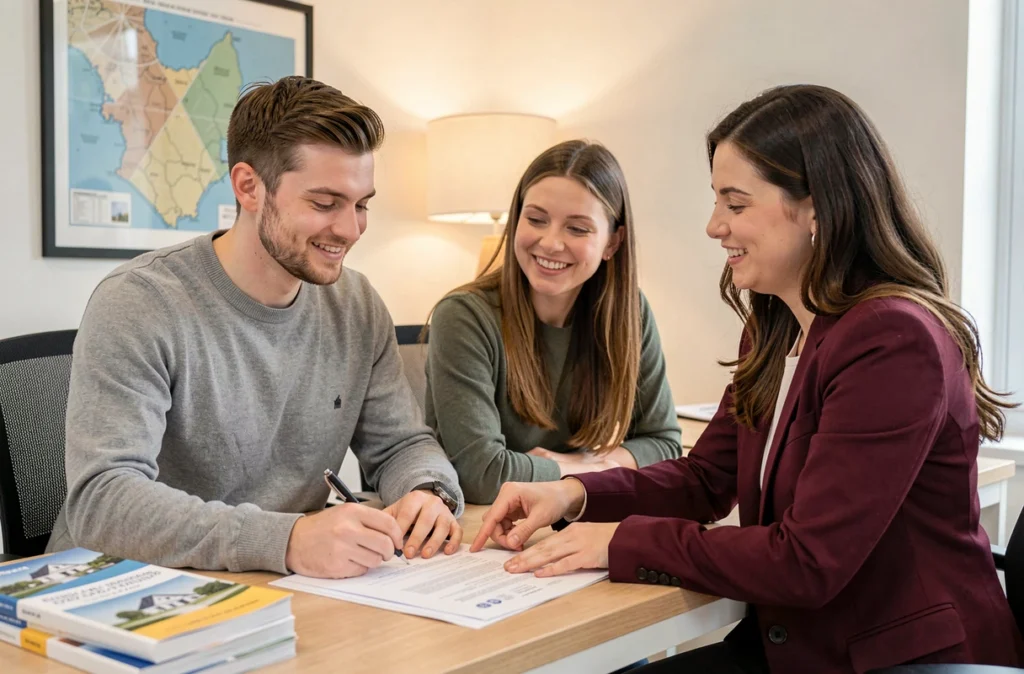 Couple signant un acte d'achat immobilier chez Espacil Accession avec une conseillère dans une agence bretonne moderne