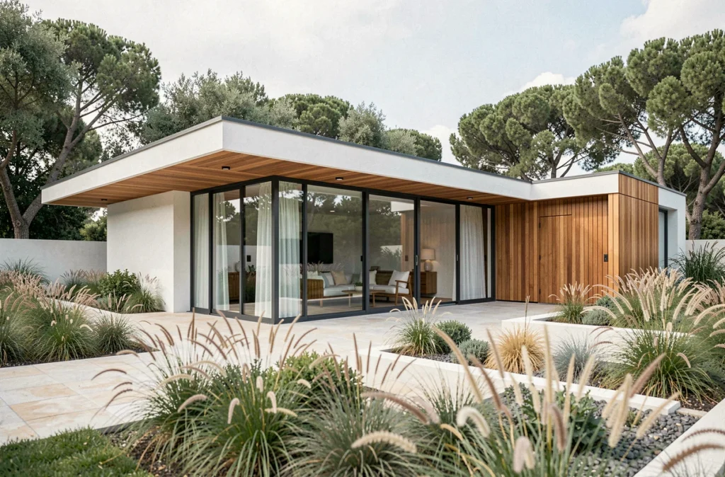 Villa contemporaine avec grandes baies vitrées et terrasse minimaliste construite par Esprit Villa