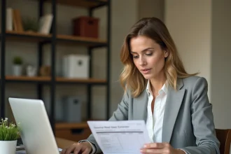 Femme consultant une estimation de prix de maison sur bricosuccess-immo.fr depuis son bureau à domicile