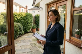 Agent immobilière évaluant le loyer d'un appartement T3 en rez-de-jardin avec accès direct à une terrasse privée