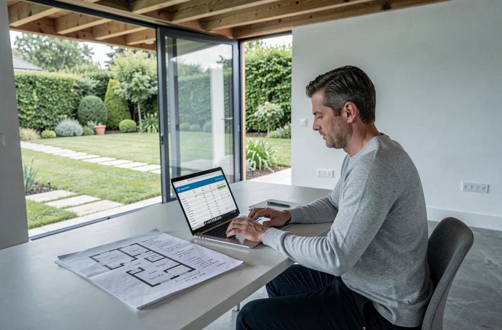 Expert immobilier travaillant sur l'évaluation du loyer d'un appartement T3 rez-de-jardin depuis l'intérieur