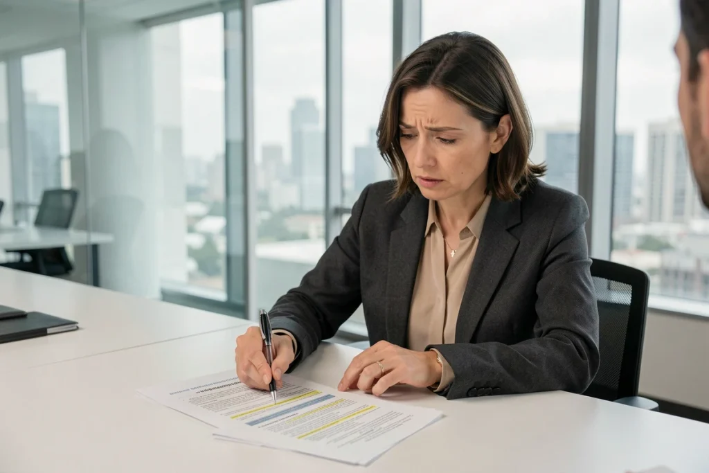 Femme d'affaires pointant une clause dans un contrat immobilier lors d'une réunion dans une agence immobilière moderne