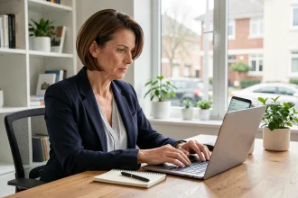 Femme professionnelle consultant des annonces immobilières sur un ordinateur portable dans un bureau à domicile moderne