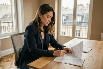 Femme consultant un contrat de location dans un appartement moderne à Lyon, processus de location immobilière sécurisé