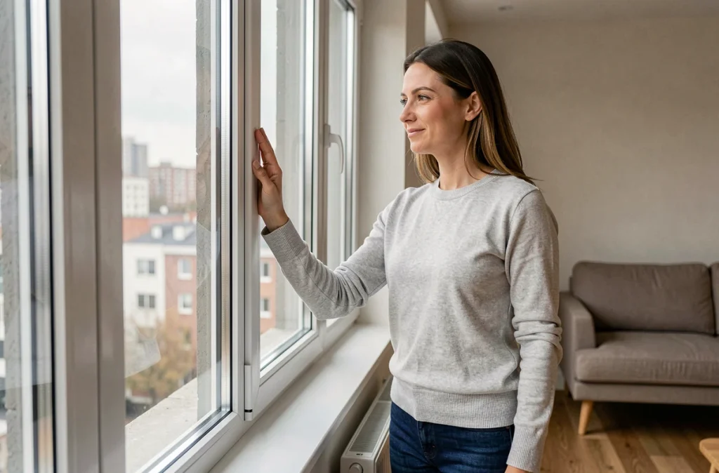 Femme inspectant une fenêtre triple vitrage nouvellement installée dans un appartement moderne pour optimiser l'isolation thermique
