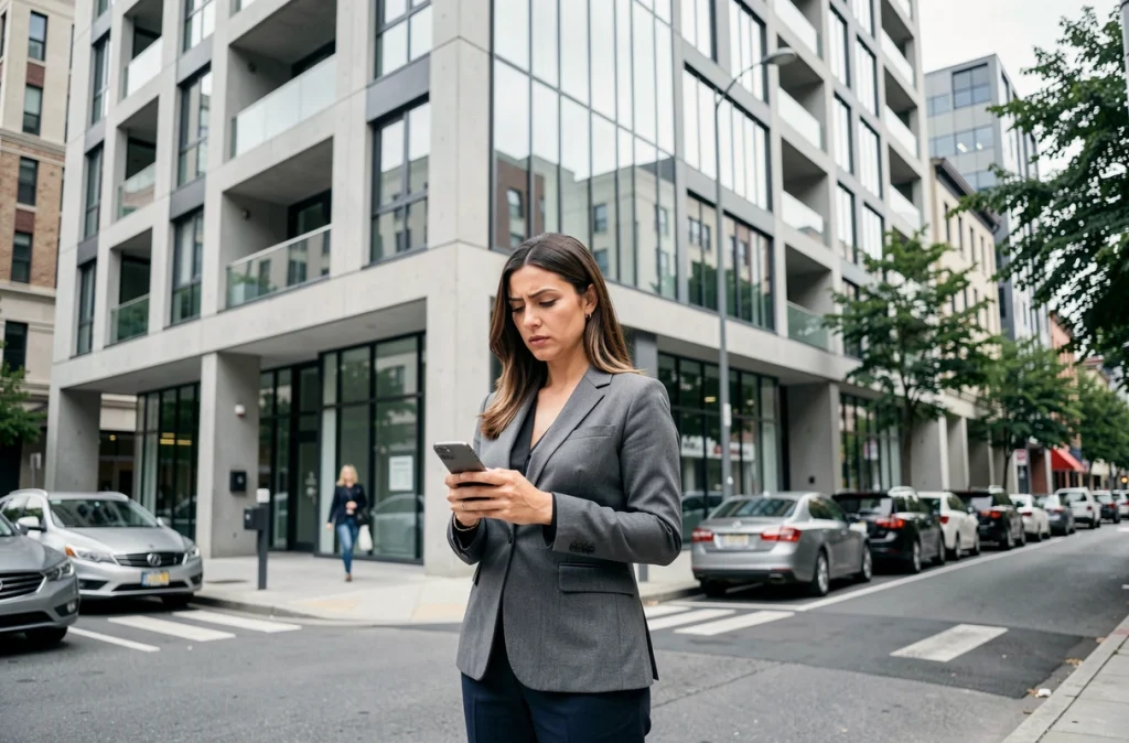 Femme devant un immeuble résidentiel moderne consultant son téléphone pour évaluer un investissement immobilier