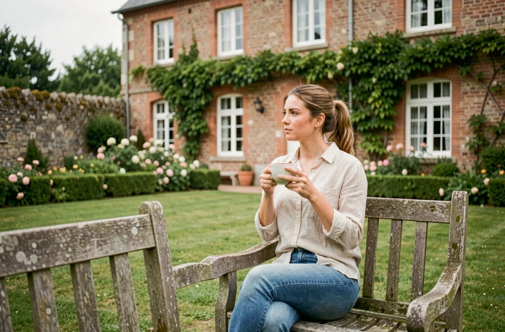 Femme dans le jardin d'une maison à louer dans le Nord en dehors des grandes villes