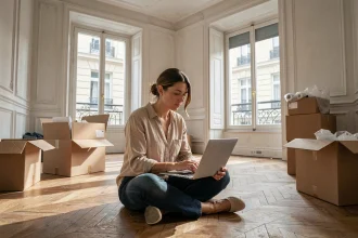 Femme assise sur un parquet parisien entouré de cartons, cherchant un logement sur un ordinateur portable après un déménagement forcé